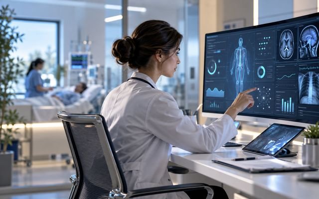 Profesional de salud revisando paneles de información en una pantalla